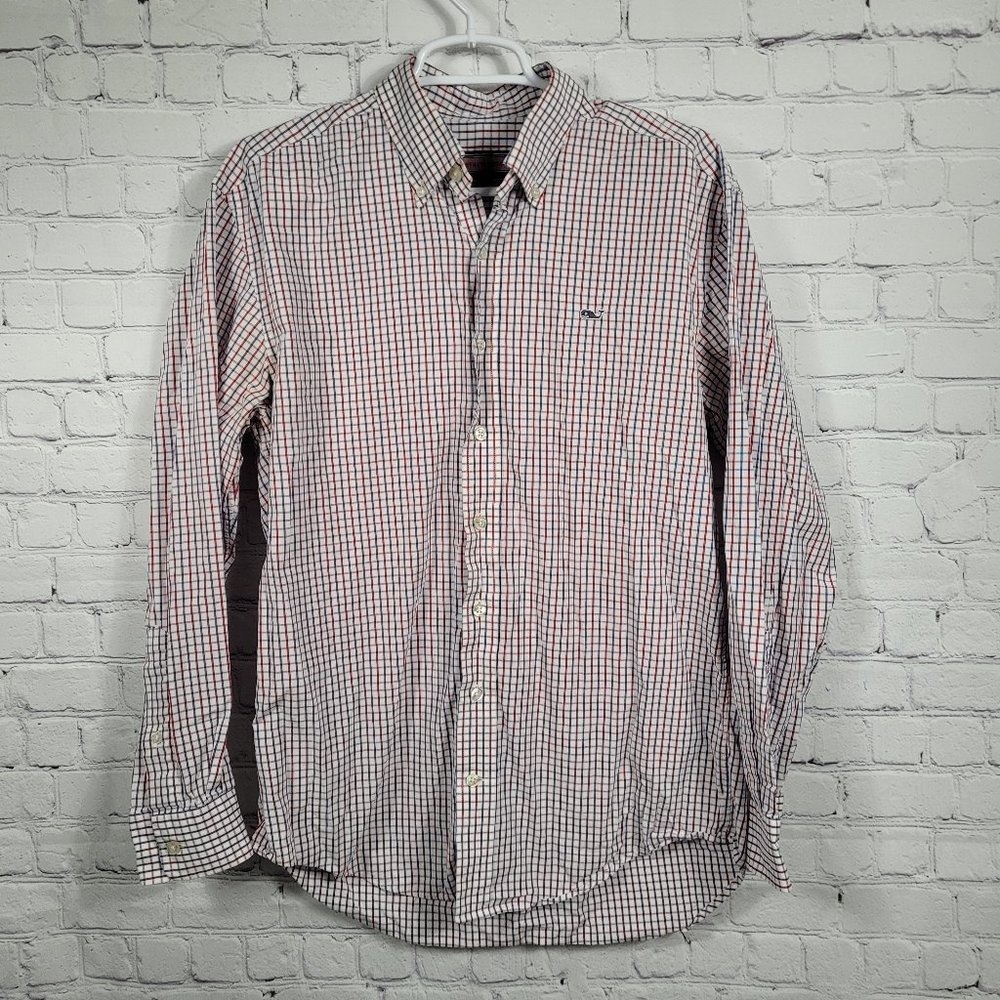 Vineyard Vines Red Blue Gingham Plaid Long Sleeve Button Down Whale Shirt